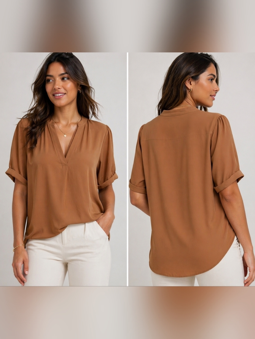 Calvin Klein Tan V-Neck Blouse
